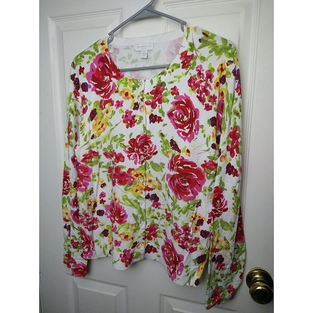 CHARTER Club White Red Flower Sequin Accent Button  round neck Cardigan Size PXL